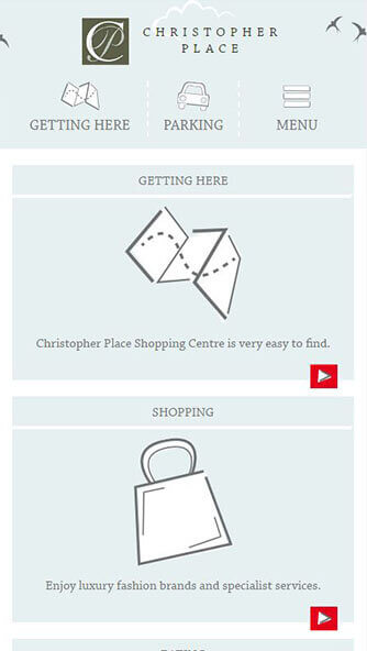 Christopher Place home page screenshot - mobile devices, showing quick links to "getting here" and "shopping"