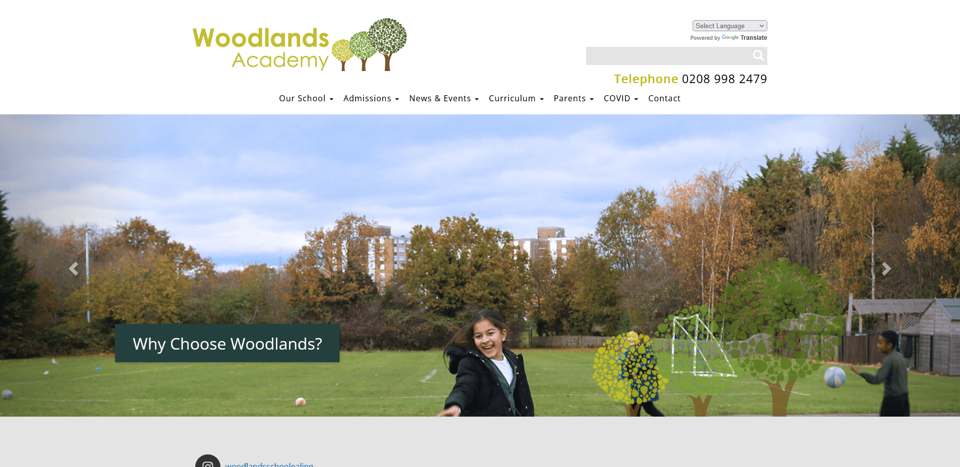 Screenshot of Woodlands Academy website homepage.