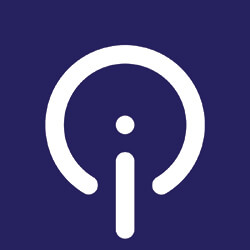 White, circular, stylized letter "i" logo on a dark blue background, resembling a power button symbol.