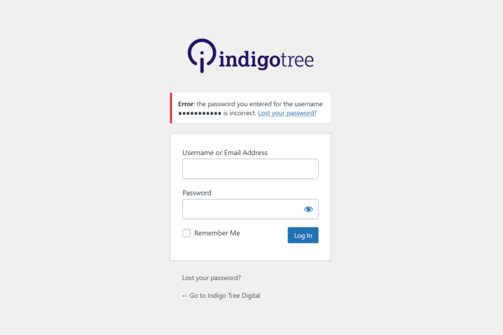 A screenshot of the lost password page on a WordPress website made by Indigo Tree
