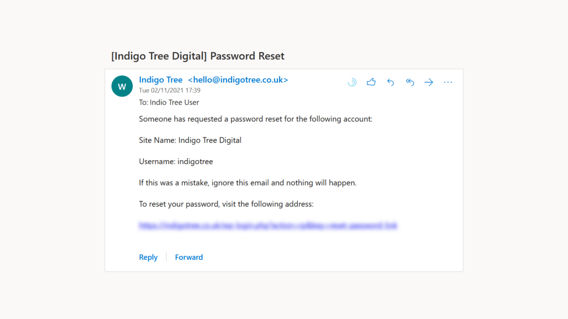 A screenshot of the password reset email users receive on a WordPress website made by Indigo Tree