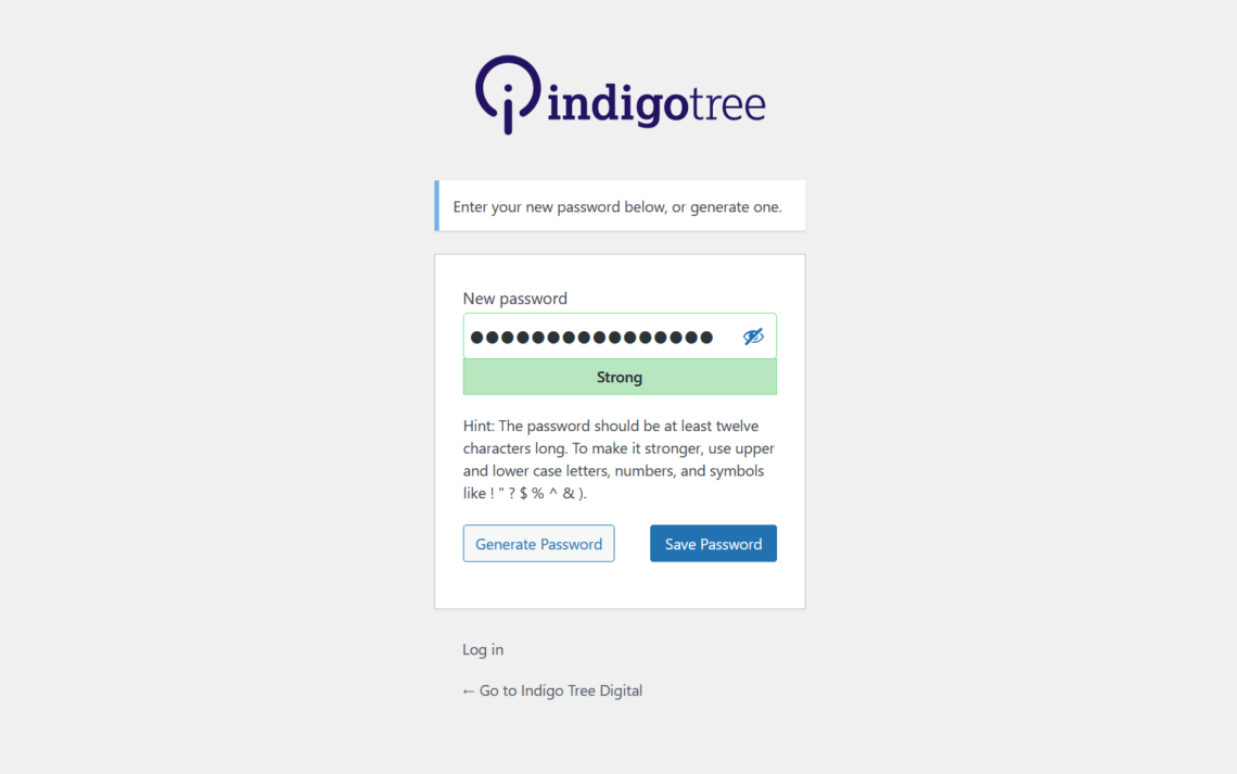 A screenshot of the password reset entry page on a WordPress website made by Indigo Tree