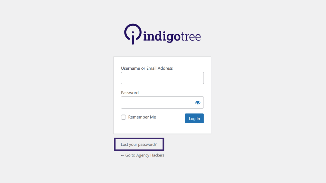 A screenshot of the password reset page on a WordPress website made by Indigo Tree