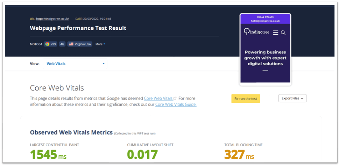 Web page test results