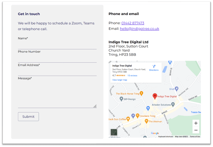 form and map on contact page