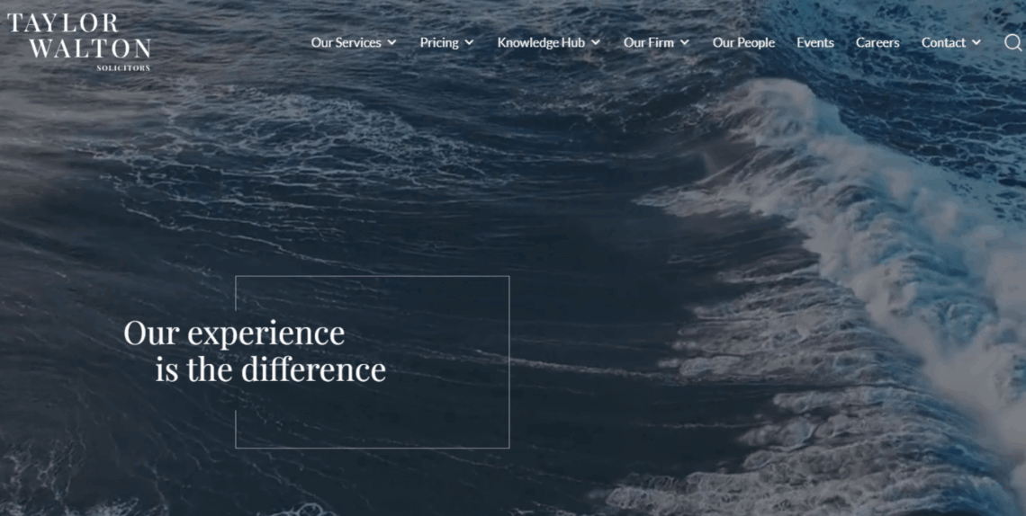 Ocean waves with text overlay: "Our experience is the difference" and a navigation menu at the top.