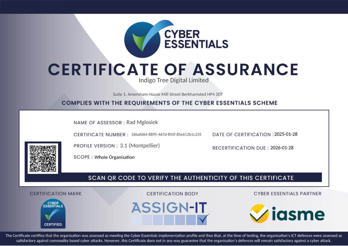 Cyber Essentials Certificate of Assurance for Indigo Tree Digital Limited, indicating compliance with cybersecurity standards.